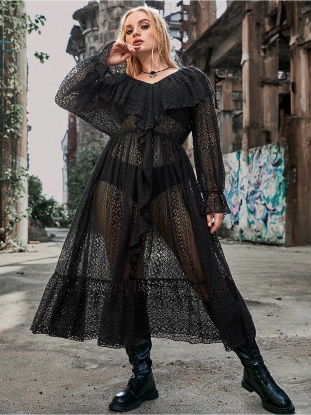SHEIN Black Sheer Lace Maxi Dress with Ruffle Collar